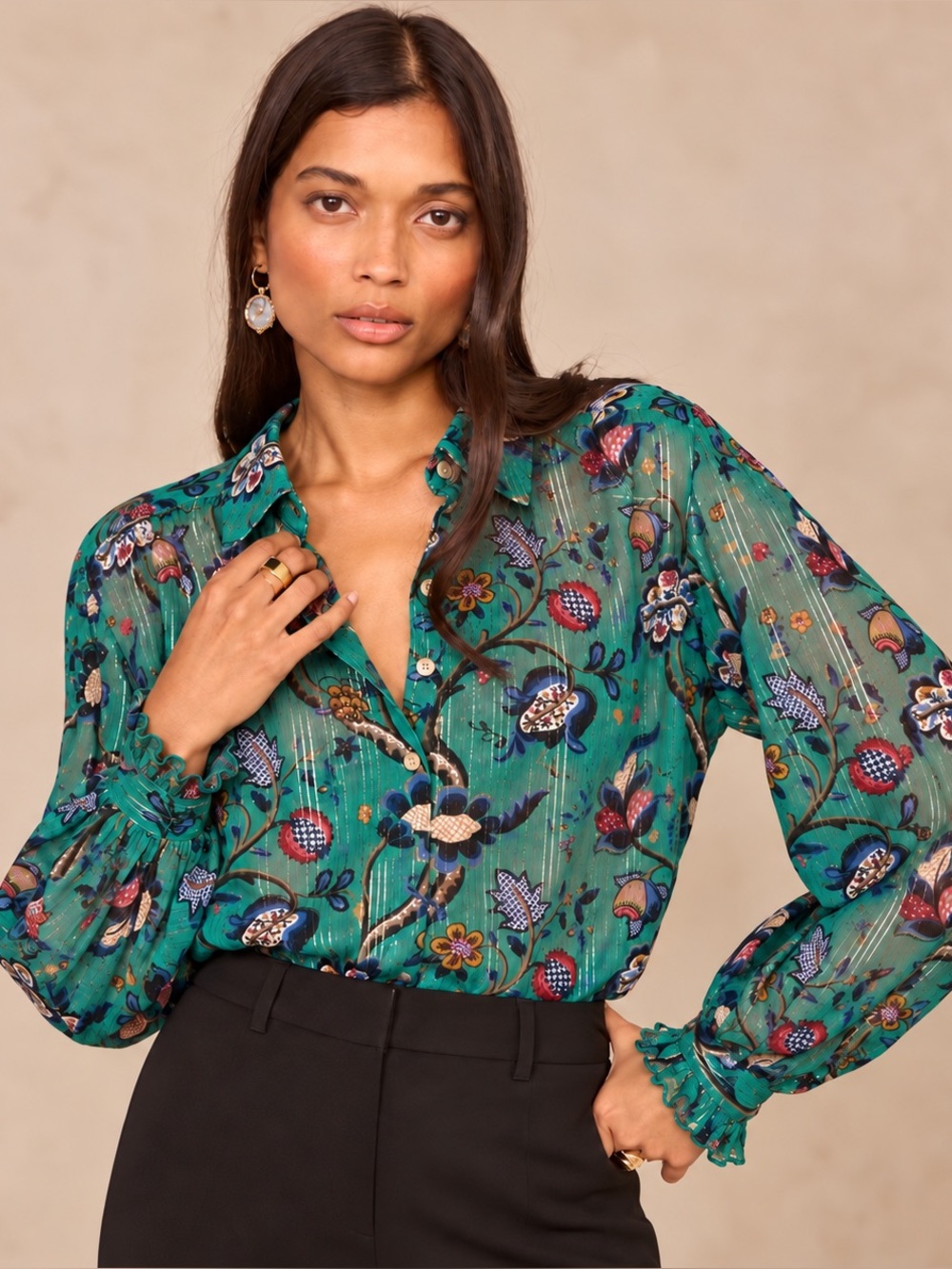 Scotch & Soda Maison Scotch Emerald Floral Sheer Metallic Blouse Size 6 - Picture 1 of 14